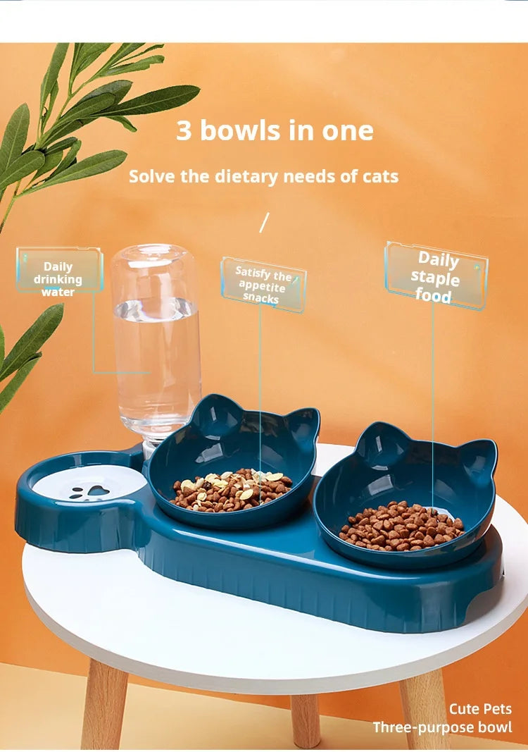 MeowMate™ - 3 in 1 Cat Bowl with Dual Food Compartments & Water Dispenser