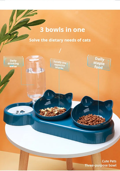 MeowMate™ - 3 in 1 Cat Bowl with Dual Food Compartments & Water Dispenser